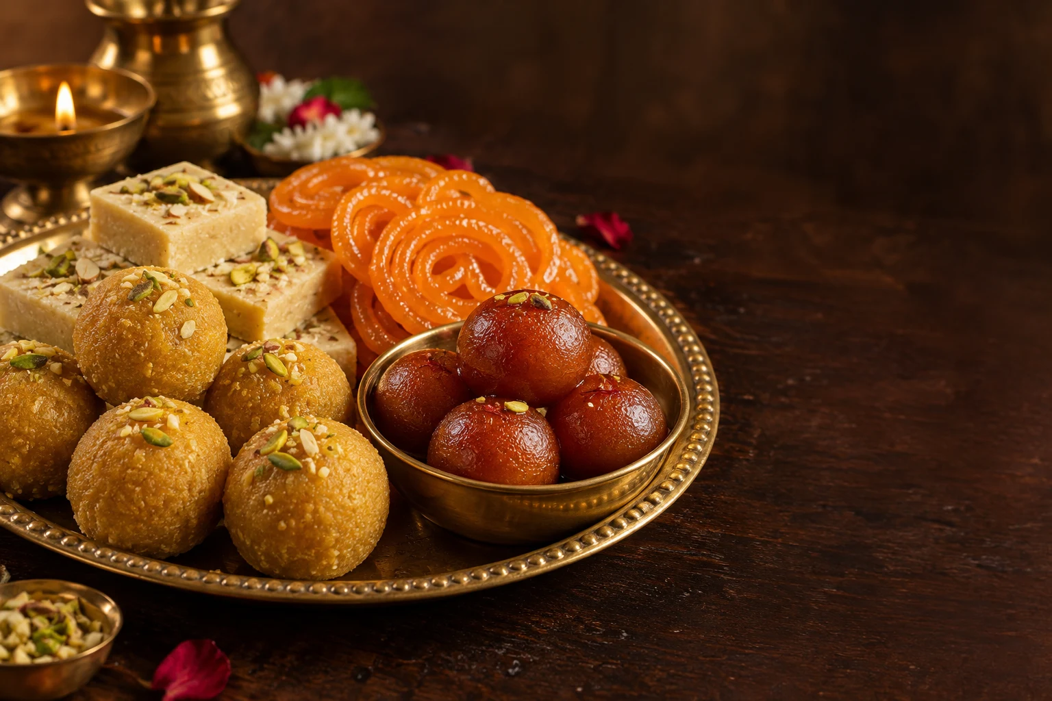 Gulab jamun, besan laddoos, jalebi and barfi on a brass platter